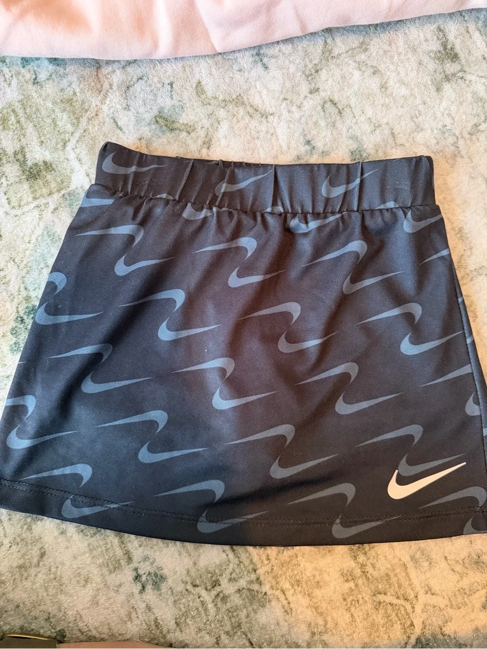 Nike Peach Crewneck Sweatshirt with Black Swoosh + Black Patterned Skirt